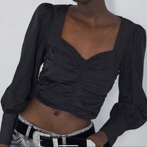 ZARA Black Cinched / Ruched  Long Sleeve Crop Top